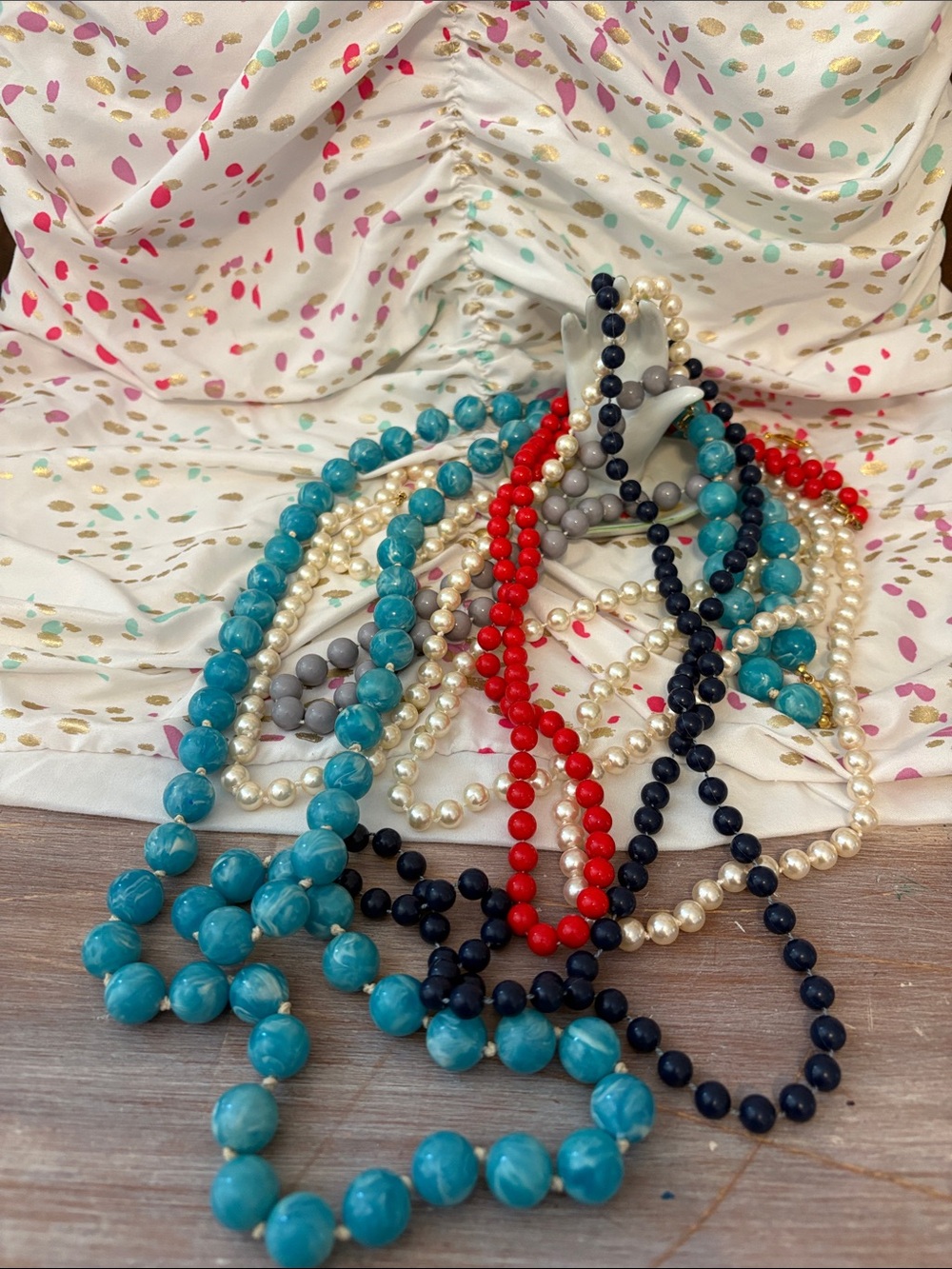 Multi-Color Pearl and Bead Necklace Set - Blue, Red, Navy, Cream entire Lot of 5